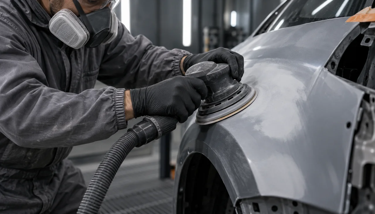 Iliustracija: apsaugines pirštines dėvintis meistras orbitiniu šlifuokliu ruošia automobilio paviršių